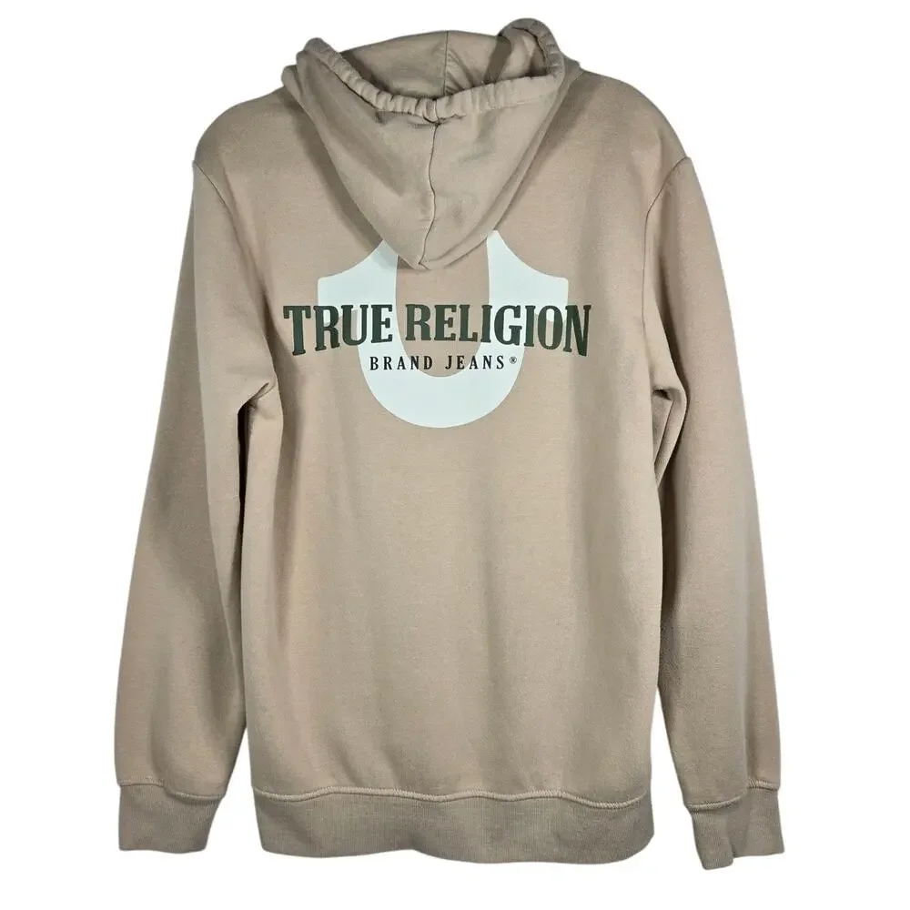 True Religion Brand Jeans Zip Hoodie Mens‎ Medium Beige Graphic Logo Sweatshirt